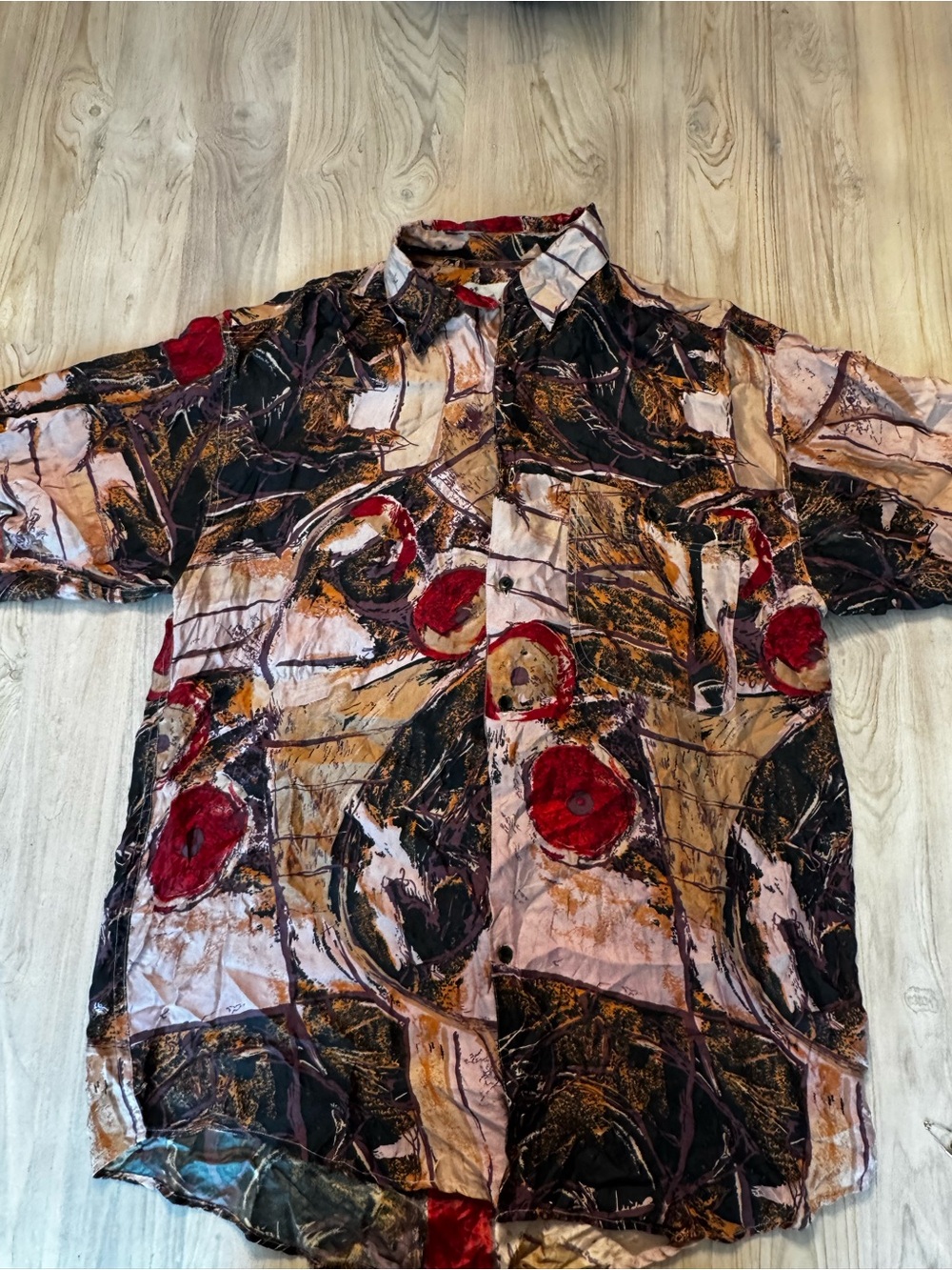 Vintage Goouch Men's Short-Sleeve Button-Up Shirt Red and Brown Abstract Print